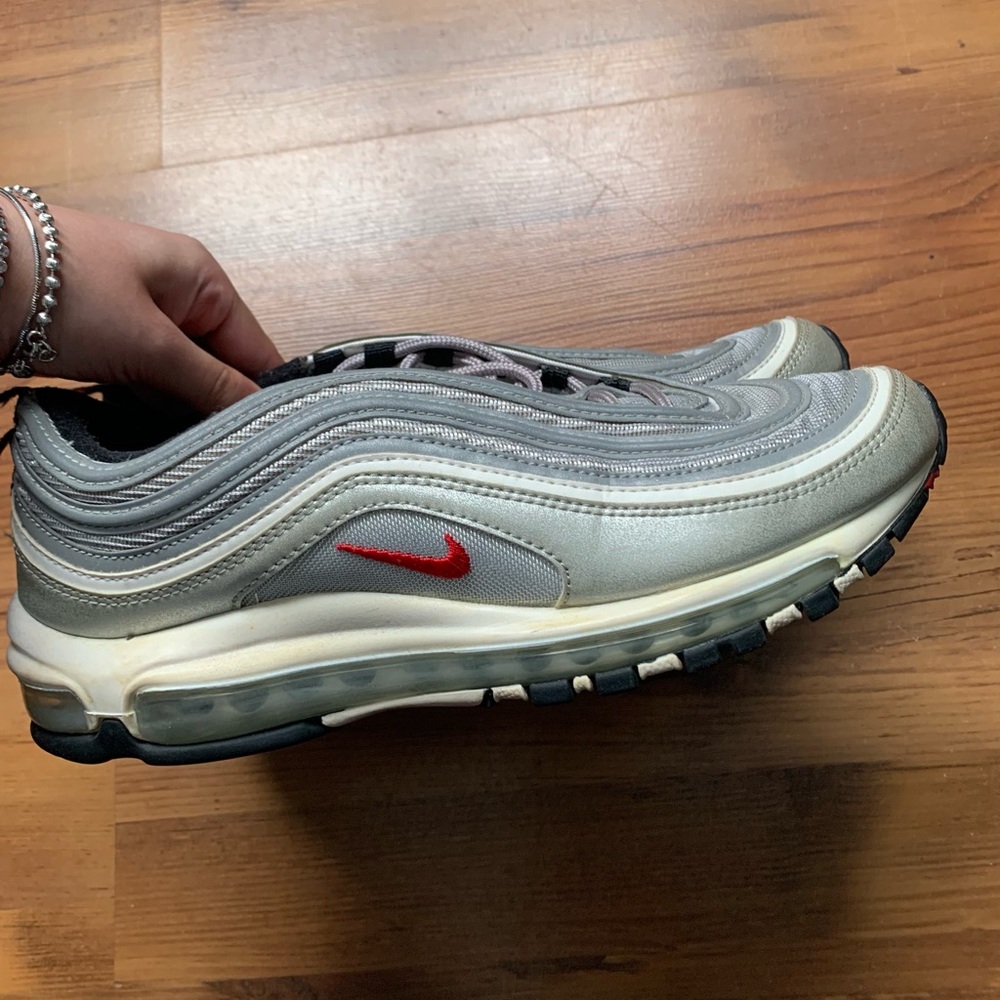 Nike Men’s Air Max 97 Sneaker in Silver with Red Swoosh